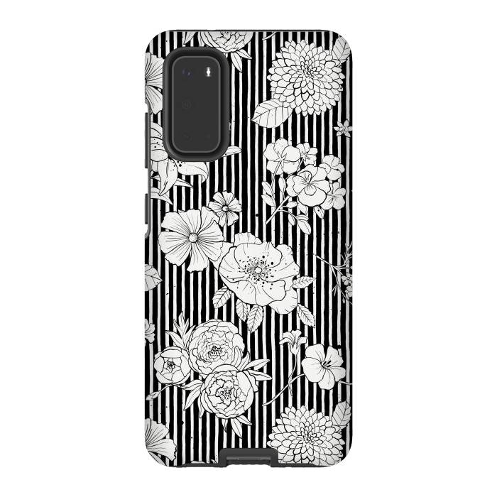 Galaxy S20 StrongFit Flowers and Stripes Black and White by Ninola Design