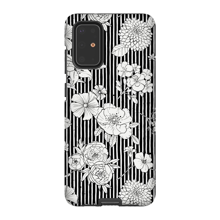 Galaxy S20 Plus StrongFit Flowers and Stripes Black and White by Ninola Design