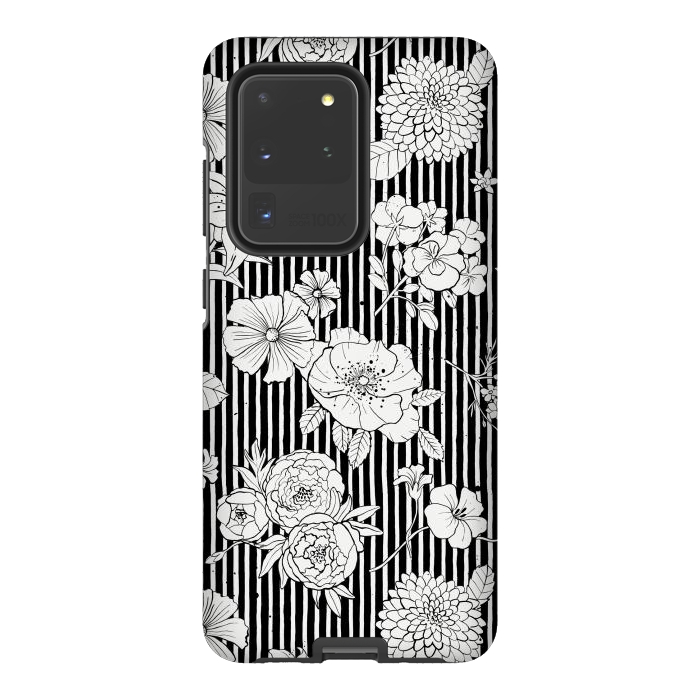 Galaxy S20 Ultra StrongFit Flowers and Stripes Black and White by Ninola Design