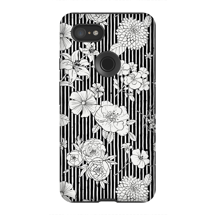 Pixel 3XL StrongFit Flowers and Stripes Black and White by Ninola Design