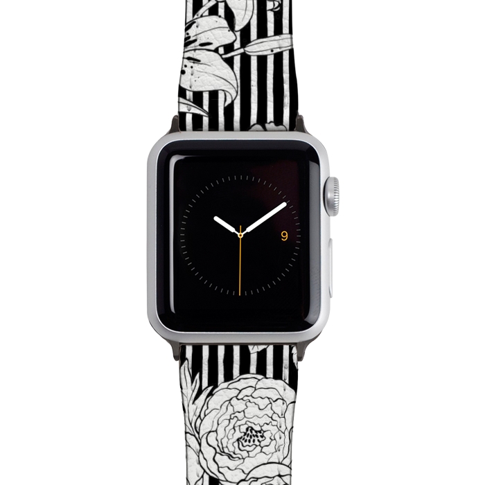 Watch 42mm / 44mm Strap PU leather Flowers and Stripes Black and White by Ninola Design