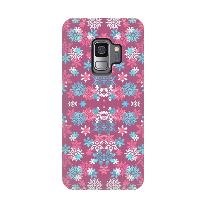 Galaxy S9 StrongFit Playful pink blue snowflakes winter pattern by Oana 