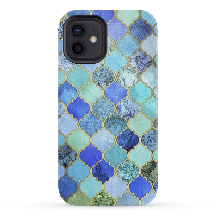iPhone 12 mini StrongFit Cobalt Blue Aqua and Gold Decorative Moroccan Tile Pattern by Micklyn Le Feuvre