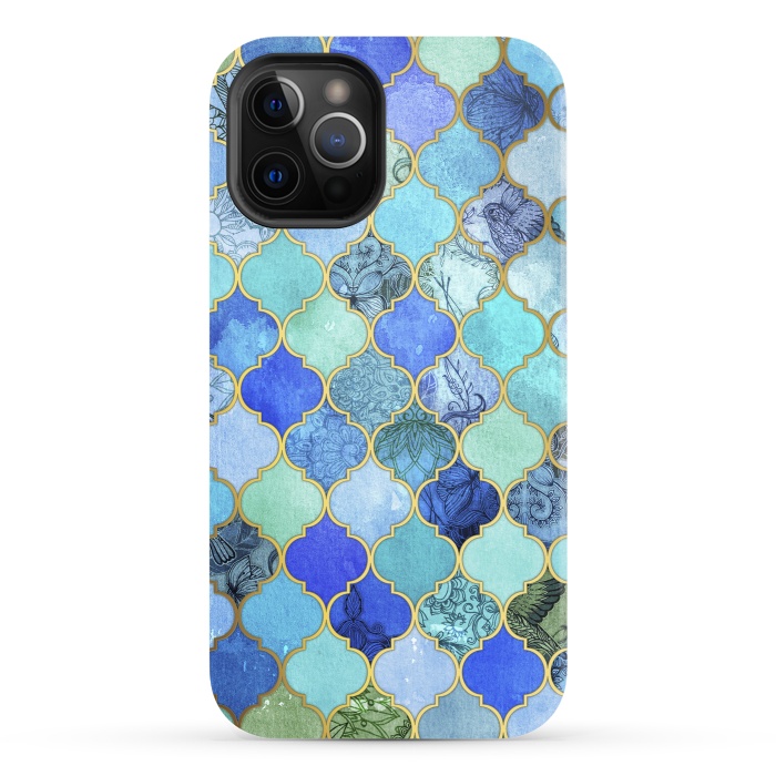 iPhone 12 Pro StrongFit Cobalt Blue Aqua and Gold Decorative Moroccan Tile Pattern by Micklyn Le Feuvre