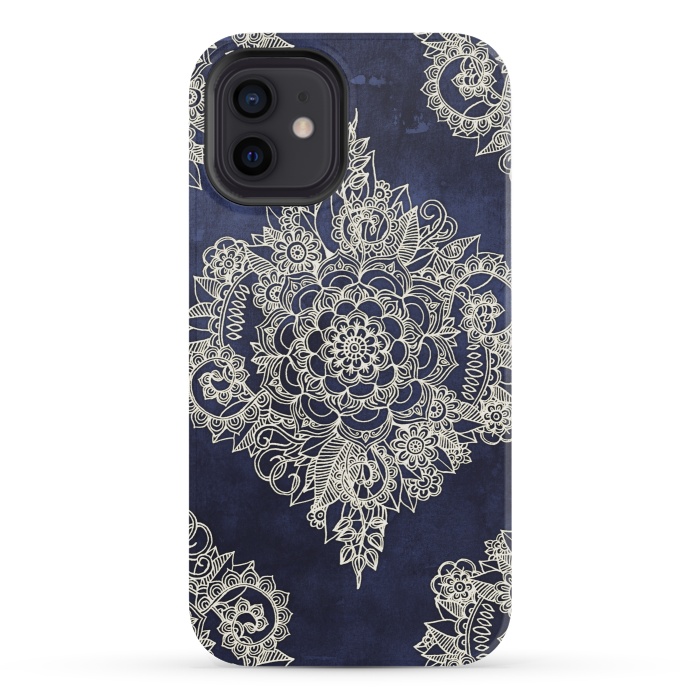 iPhone 12 mini StrongFit Cream Floral Moroccan Pattern on Deep Indigo Ink by Micklyn Le Feuvre