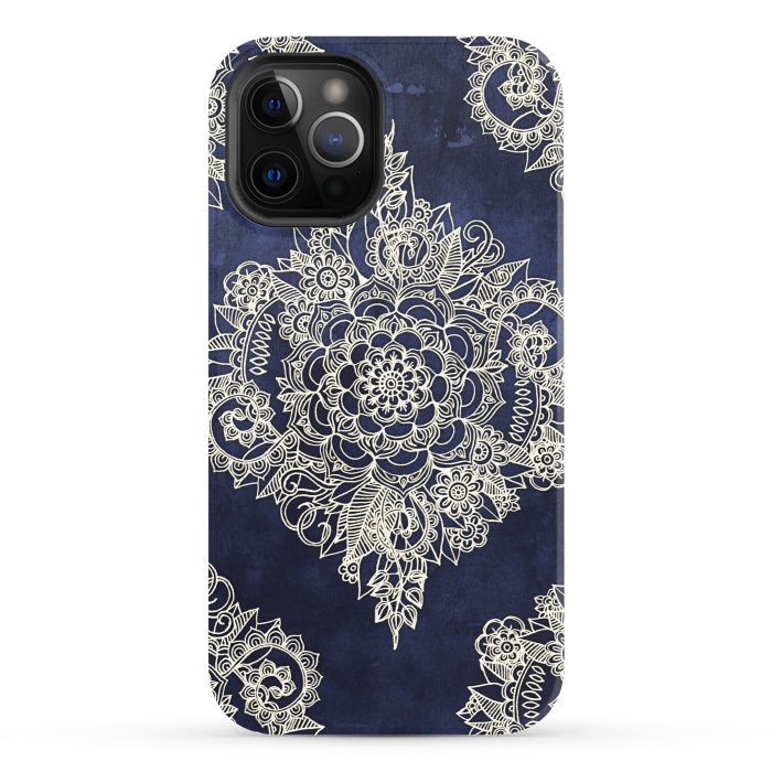iPhone 12 Pro StrongFit Cream Floral Moroccan Pattern on Deep Indigo Ink by Micklyn Le Feuvre