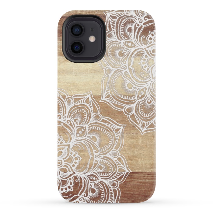 iPhone 12 mini StrongFit White doodles on blonde wood by Micklyn Le Feuvre