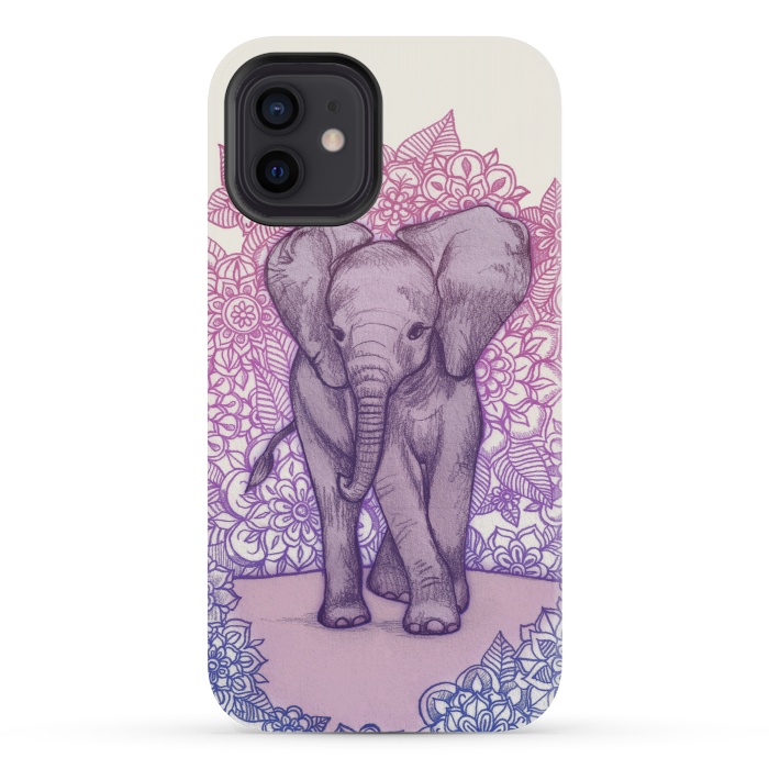iPhone 12 mini StrongFit Cute Baby Elephant in pink purple and blue by Micklyn Le Feuvre