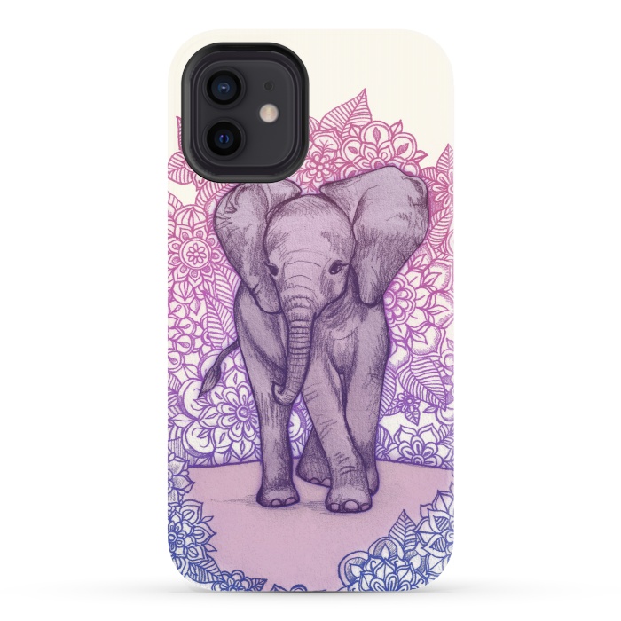 iPhone 12 StrongFit Cute Baby Elephant in pink purple and blue by Micklyn Le Feuvre