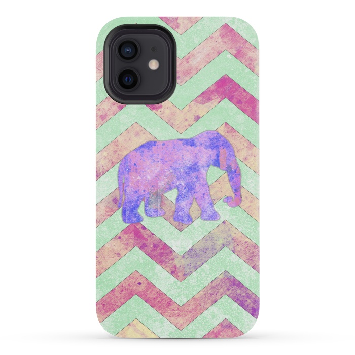 iPhone 12 mini StrongFit Elephant Mint Green Chevron Pink Watercolor by Girly Trend