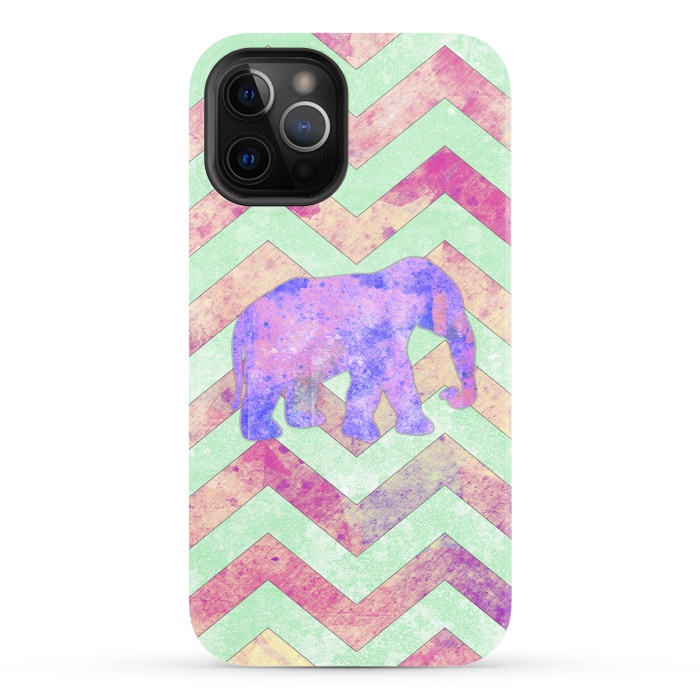 iPhone 12 Pro StrongFit Elephant Mint Green Chevron Pink Watercolor by Girly Trend