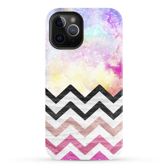 iPhone 12 Pro StrongFit SC Watercolor Nebula Space Pink ombre Wood Chevron by Girly Trend