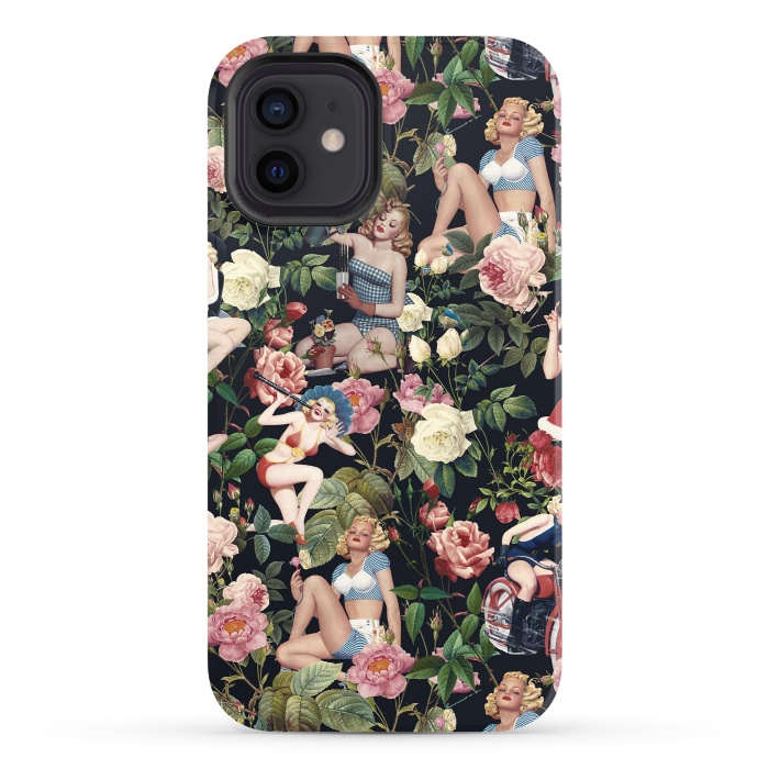 iPhone 12 StrongFit Floral and Pin Up Girls Pattern by Burcu Korkmazyurek