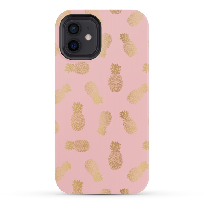 iPhone 12 mini StrongFit Pink and Gold Pineapples by Julie Erin Designs