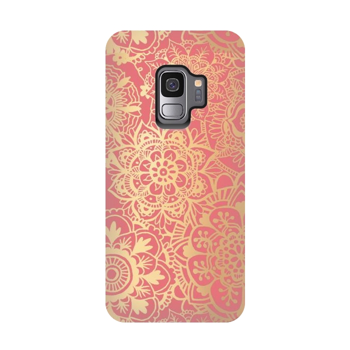 Galaxy S9 StrongFit Coral Pink and Gold Mandala Pattern by Julie Erin Designs