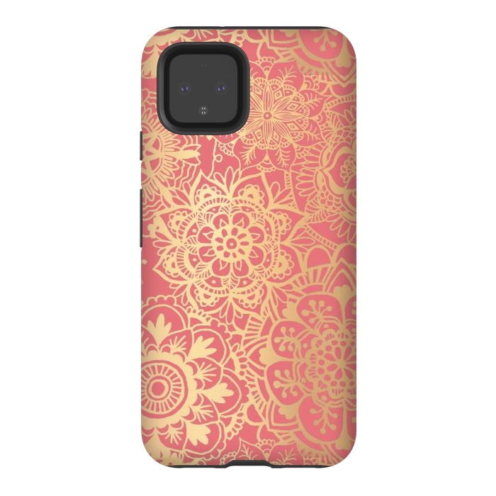 Pixel 4 StrongFit Coral Pink and Gold Mandala Pattern by Julie Erin Designs