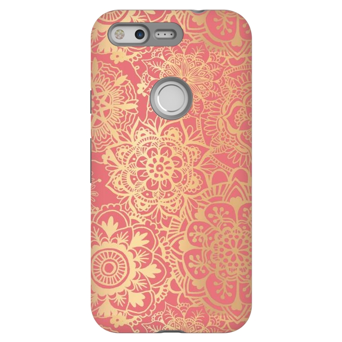 Pixel StrongFit Coral Pink and Gold Mandala Pattern by Julie Erin Designs