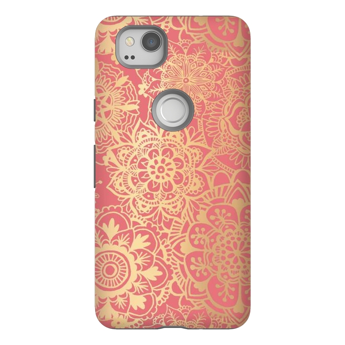 Pixel 2 StrongFit Coral Pink and Gold Mandala Pattern by Julie Erin Designs