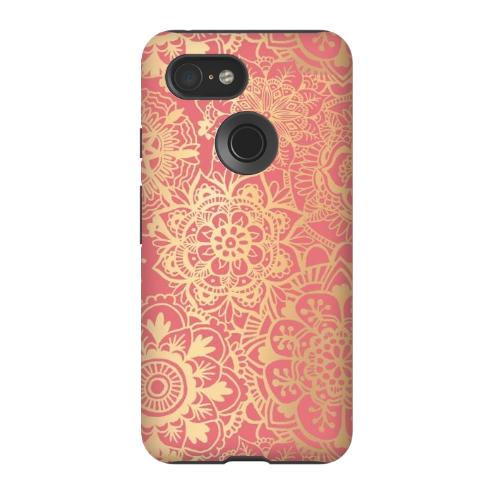Pixel 3 StrongFit Coral Pink and Gold Mandala Pattern by Julie Erin Designs