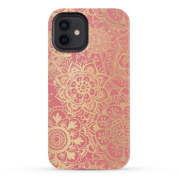 iPhone 12 mini StrongFit Coral Pink and Gold Mandala Pattern by Julie Erin Designs