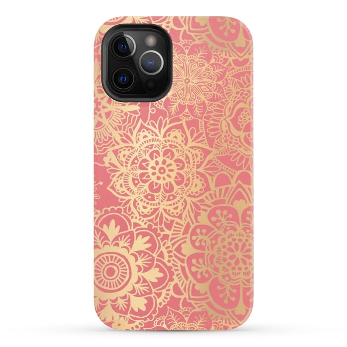iPhone 12 Pro StrongFit Coral Pink and Gold Mandala Pattern by Julie Erin Designs