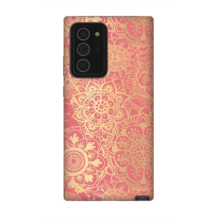 Galaxy Note 20 Ultra StrongFit Coral Pink and Gold Mandala Pattern by Julie Erin Designs