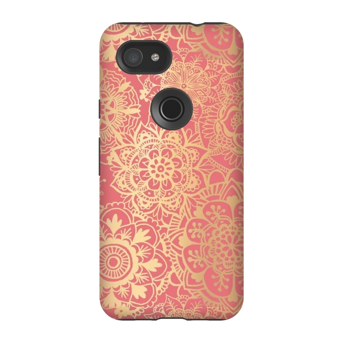 Pixel 3A StrongFit Coral Pink and Gold Mandala Pattern by Julie Erin Designs