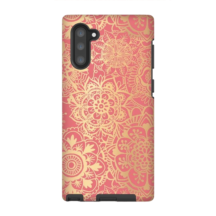 Galaxy Note 10 StrongFit Coral Pink and Gold Mandala Pattern by Julie Erin Designs