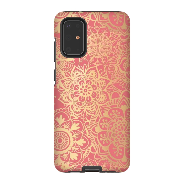Galaxy S20 Plus StrongFit Coral Pink and Gold Mandala Pattern by Julie Erin Designs