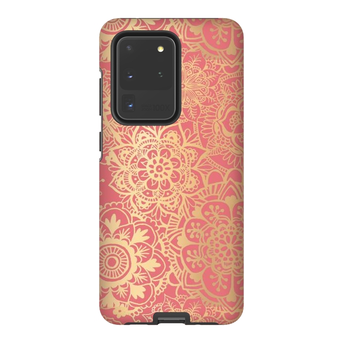 Galaxy S20 Ultra StrongFit Coral Pink and Gold Mandala Pattern by Julie Erin Designs