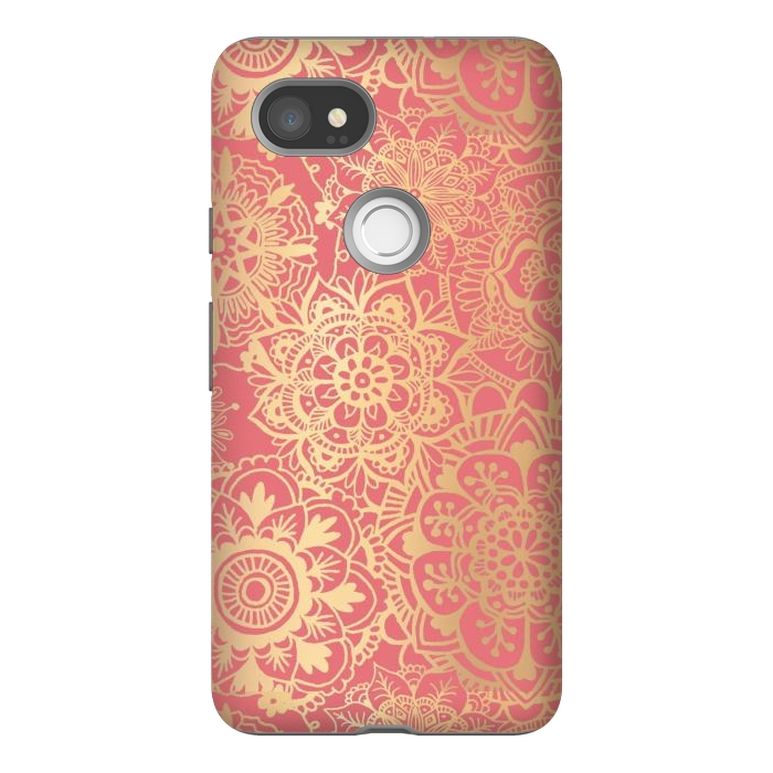 Pixel 2XL StrongFit Coral Pink and Gold Mandala Pattern by Julie Erin Designs