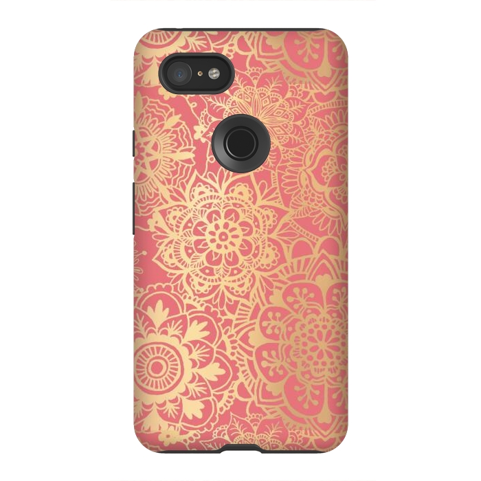 Pixel 3XL StrongFit Coral Pink and Gold Mandala Pattern by Julie Erin Designs