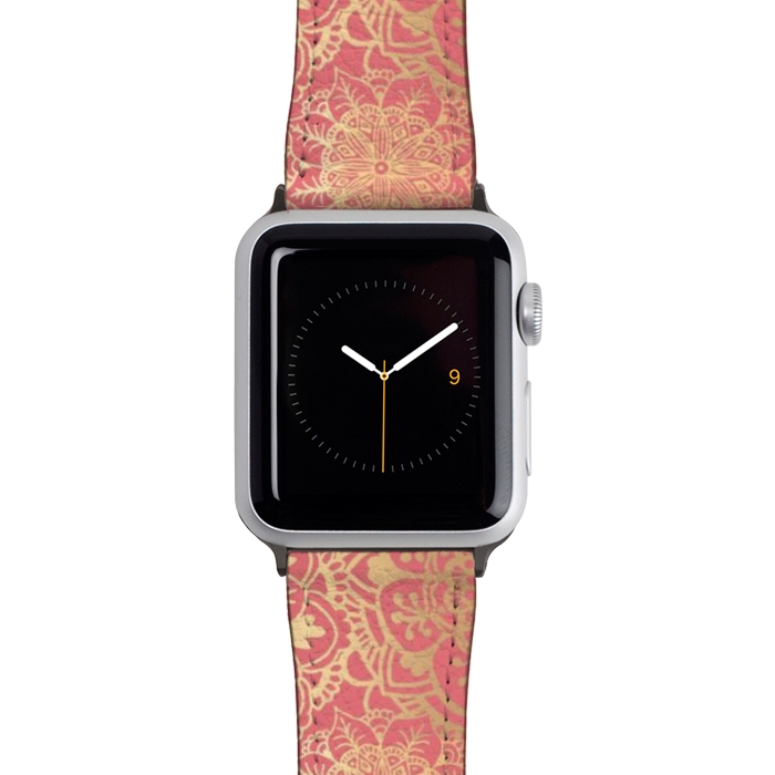 Watch 42mm / 44mm Strap PU leather Coral Pink and Gold Mandala Pattern by Julie Erin Designs