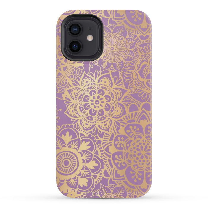 iPhone 12 mini StrongFit Light Purple and Gold Mandala Pattern by Julie Erin Designs
