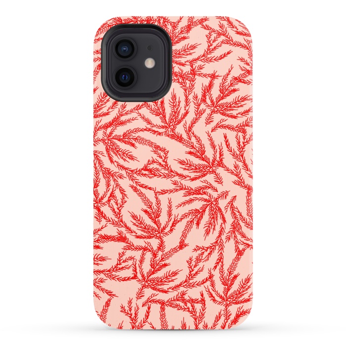 iPhone 12 StrongFit Red and Pink Coral Ferns by Caitlin Workman