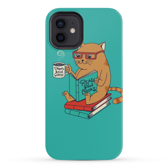 iPhone 12 mini StrongFit Cat coffee and books by Coffee Man