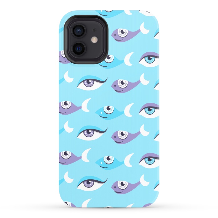 iPhone 12 StrongFit Pattern of purple and blue eyes and fish in sea by Boriana Giormova