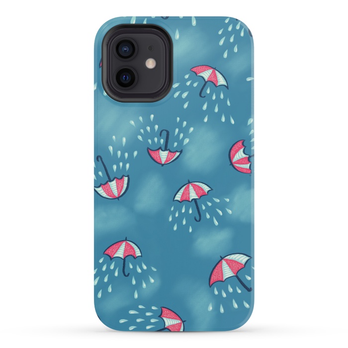 iPhone 12 mini StrongFit Fun Raining Cartoon Umbrella Pattern by Boriana Giormova