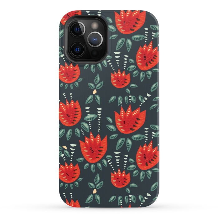iPhone 12 Pro StrongFit Red Tulips Dark Floral Pattern by Boriana Giormova