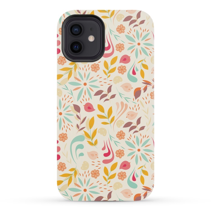 iPhone 12 mini StrongFit Birds and Flowers Beige by Jelena Obradovic
