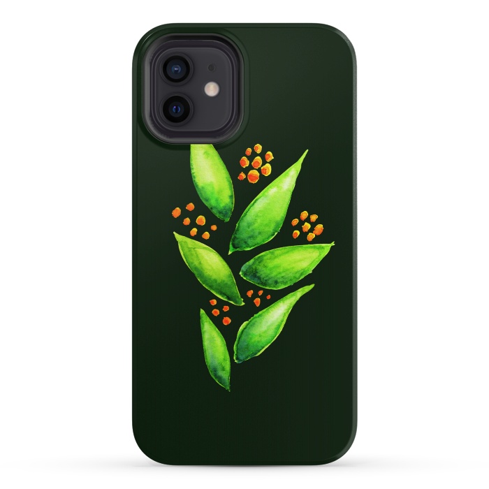 iPhone 12 StrongFit Abstract watercolor green plant with orange berries by Boriana Giormova