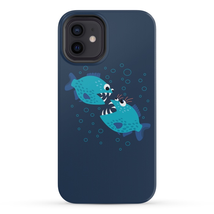 iPhone 12 mini StrongFit Gossiping Blue Cartoon Piranha Fish by Boriana Giormova