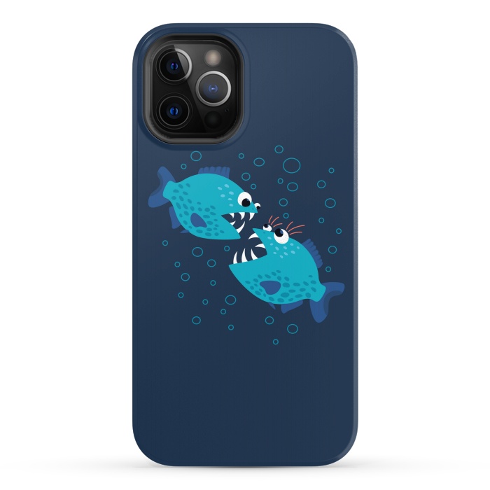 iPhone 12 Pro StrongFit Gossiping Blue Cartoon Piranha Fish by Boriana Giormova