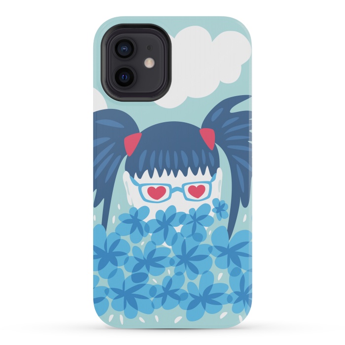 iPhone 12 mini StrongFit Geek Girl Behind Blue Flowers Waiting For Spring by Boriana Giormova