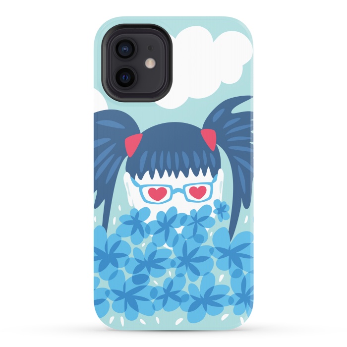 iPhone 12 StrongFit Geek Girl Behind Blue Flowers Waiting For Spring by Boriana Giormova