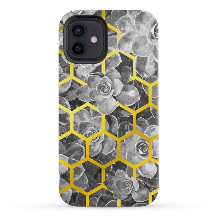 iPhone 12 mini StrongFit Black and White Succulent Gold Geometric by Alemi