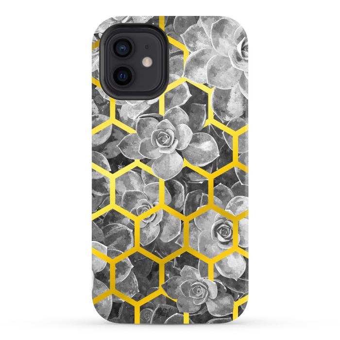 iPhone 12 StrongFit Black and White Succulent Gold Geometric by Alemi