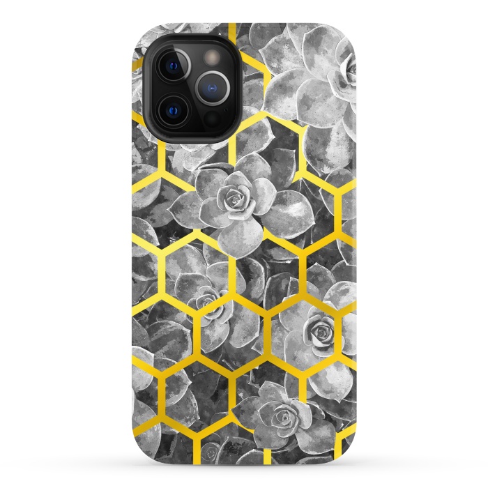 iPhone 12 Pro StrongFit Black and White Succulent Gold Geometric by Alemi
