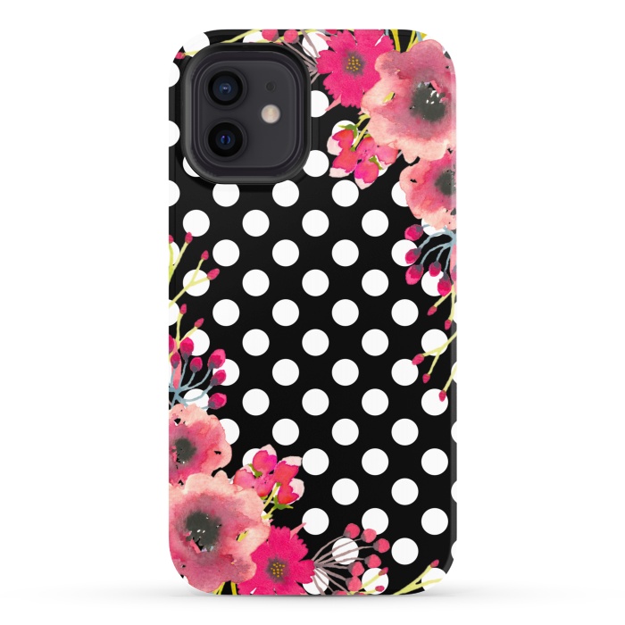 iPhone 12 StrongFit Black Polka Dots and Flowers by Alemi