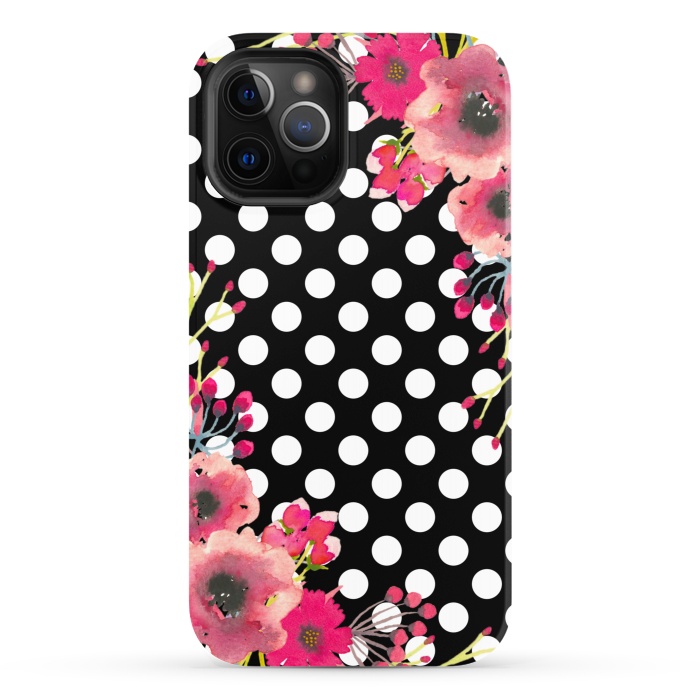 iPhone 12 Pro StrongFit Black Polka Dots and Flowers by Alemi